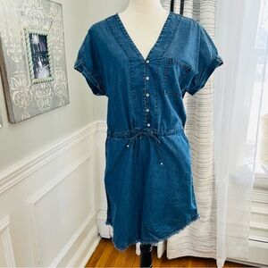 PAIGE Indigo Denim V-Neck Dress w Frayed Hem